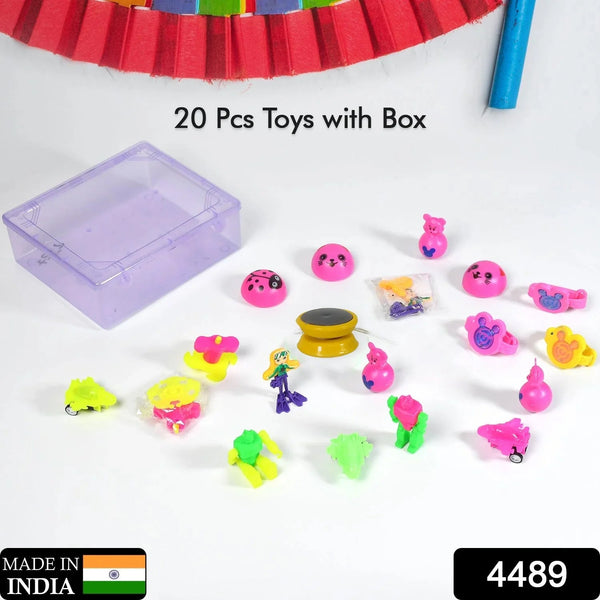 Assorted toys in plastic container