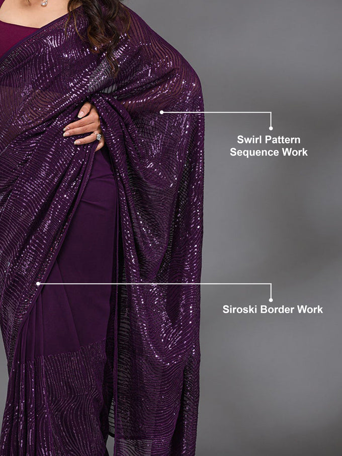 Purple Georgette Sequence Embroidery Work Saree with Unstitch Blouse Piece For Women Trendmalls