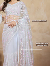 White Net Embroidery Sequin work Saree with Unstitch Blouse Piece Trendmalls