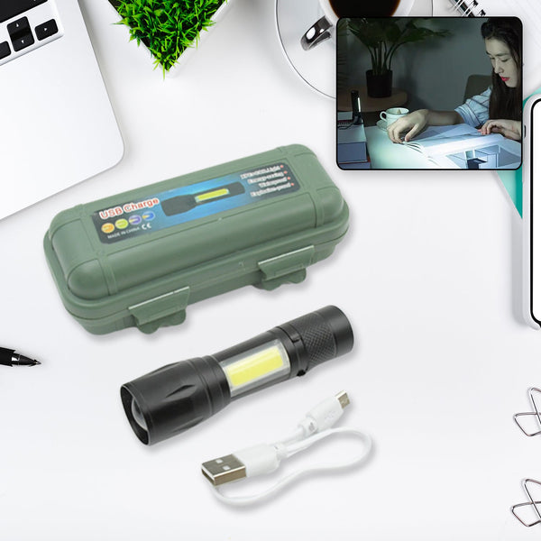 Rechargeable USB mini flashlight with zoom feature and COB side lantern.