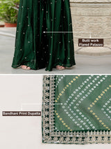 Darkgreen Satin Embroidery Kurta Palazzo with Dupatta Set For Women 's Trendmallsin