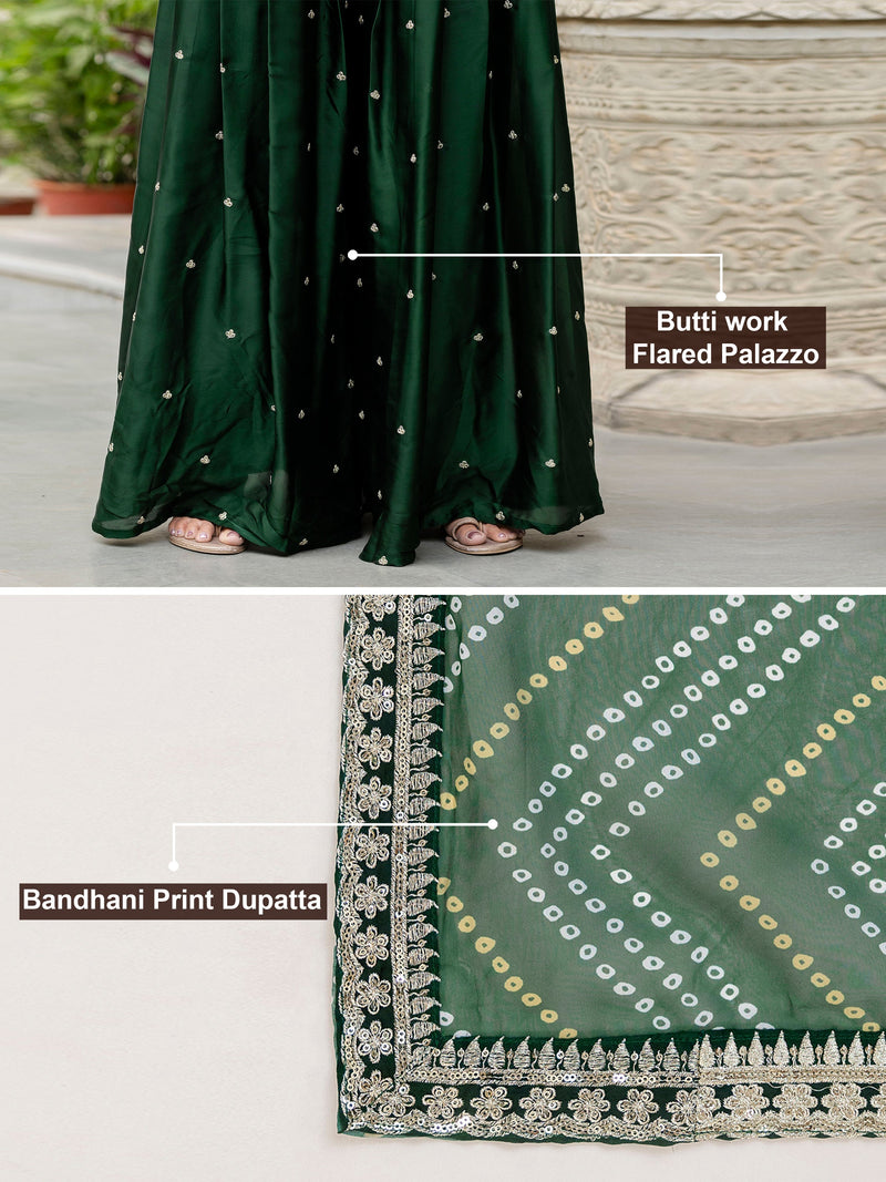 Darkgreen Satin Embroidery Kurta Palazzo with Dupatta Set For Women 's Trendmallsin