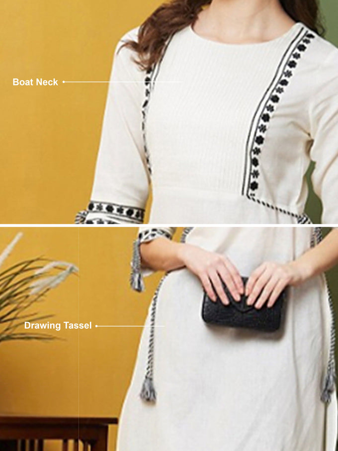 Grey Cotton Embroidery Kurti 3/4 Sleeve Calf Length Stright Kurti for Women Trendmallsin