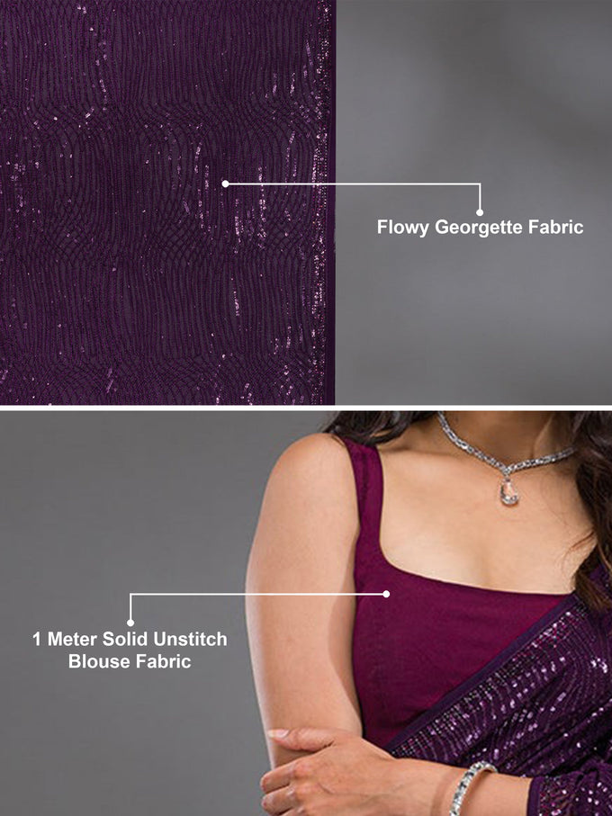 Purple Georgette Sequence Embroidery Work Saree with Unstitch Blouse Piece For Women Trendmalls