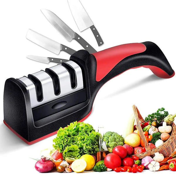 Red 3-stage knife sharpener for ceramic and steel knives