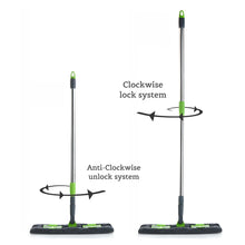 Multi-color microfiber flat mop with rotating head, telescopic handle, for wet and dry cleaning.