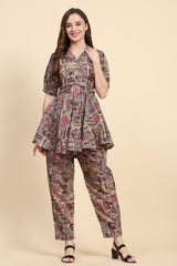 Chanderi Cotton Silk Printed CoOrds Set Kurta Pant 2 Piece Ethnic Fusion Kurta Set For Women's Trendmallsin