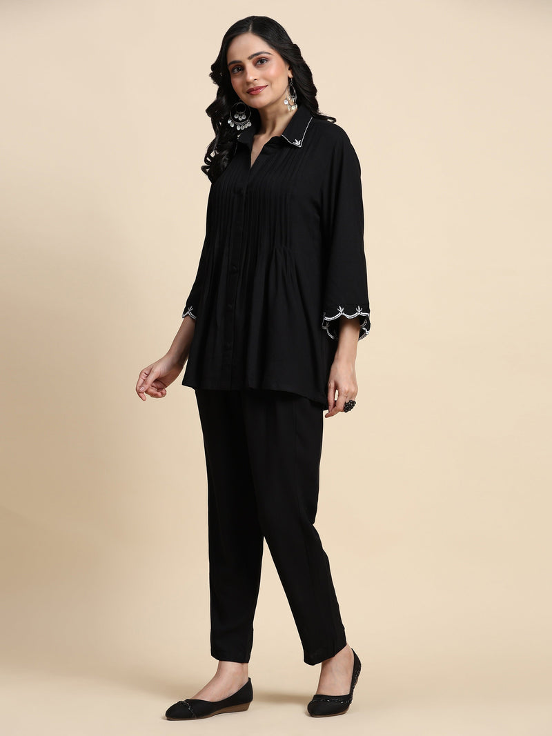 Cotton Black Co-Ords Set for Women Bell Sleeve Shirt For Women Trendmallsin