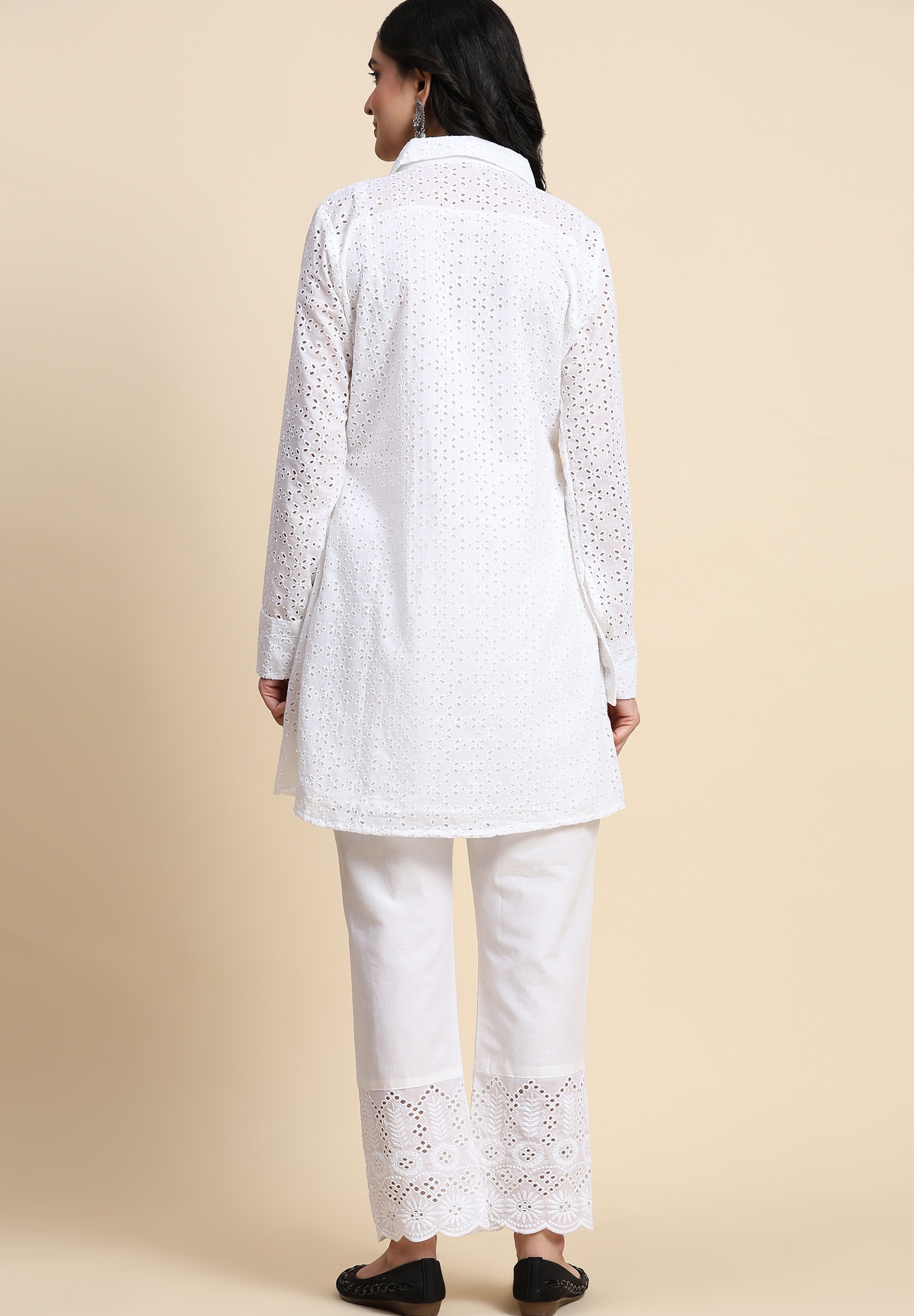 White Cotton Schiffli Co-Ords Set for Women Trendmallsin