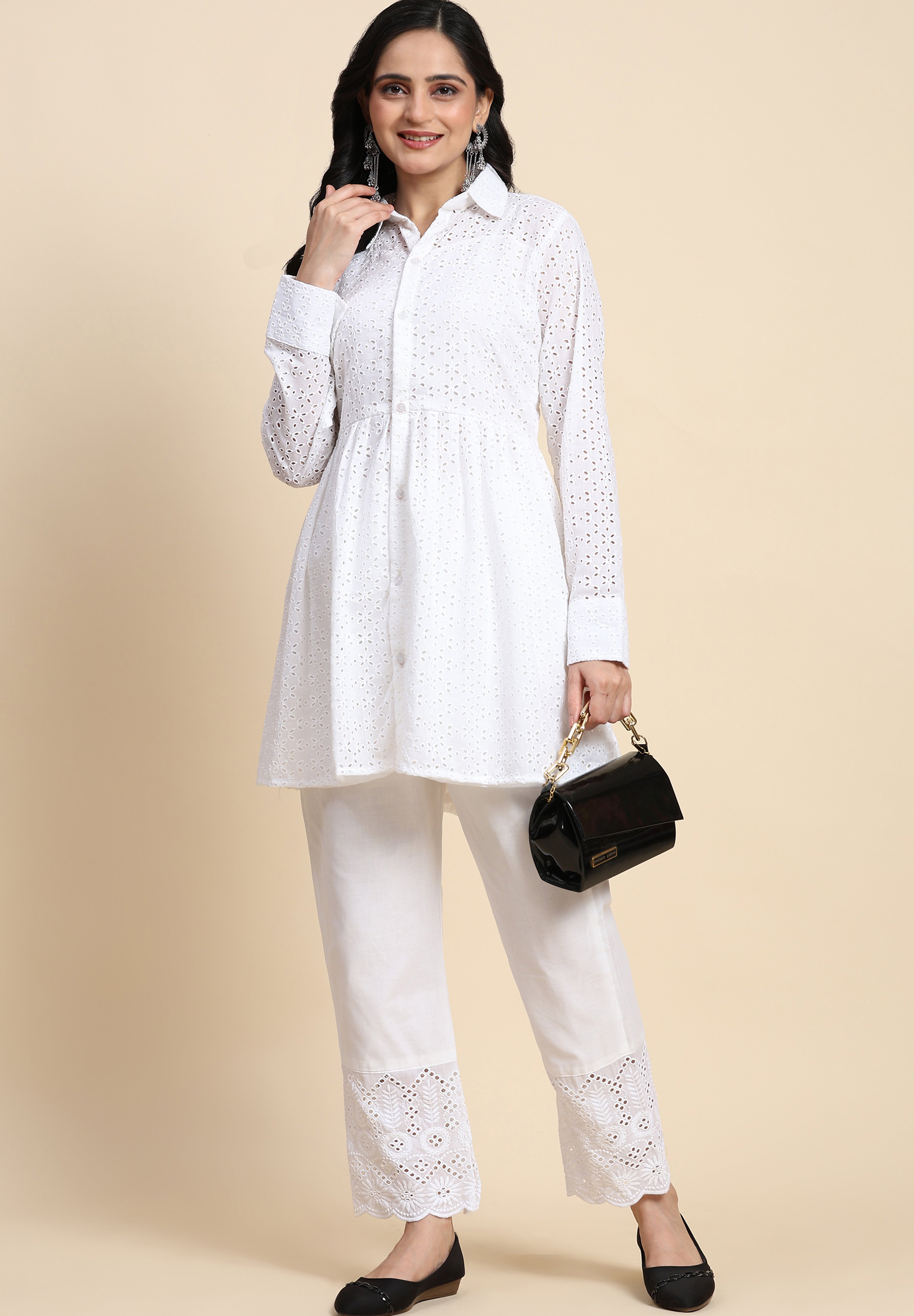 White Cotton Schiffli Co-Ords Set for Women Trendmallsin