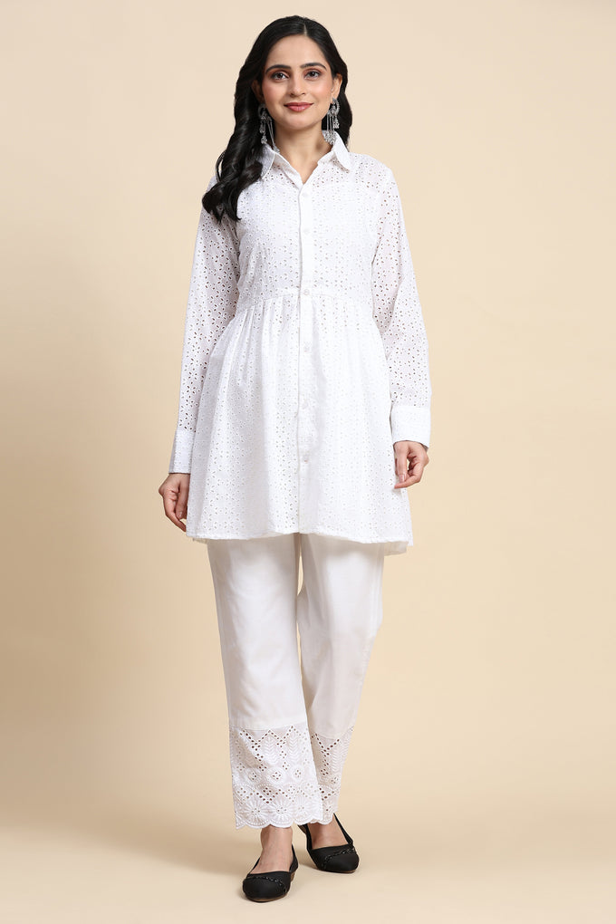 White Cotton Schiffli Co-Ords Set for Women Trendmallsin