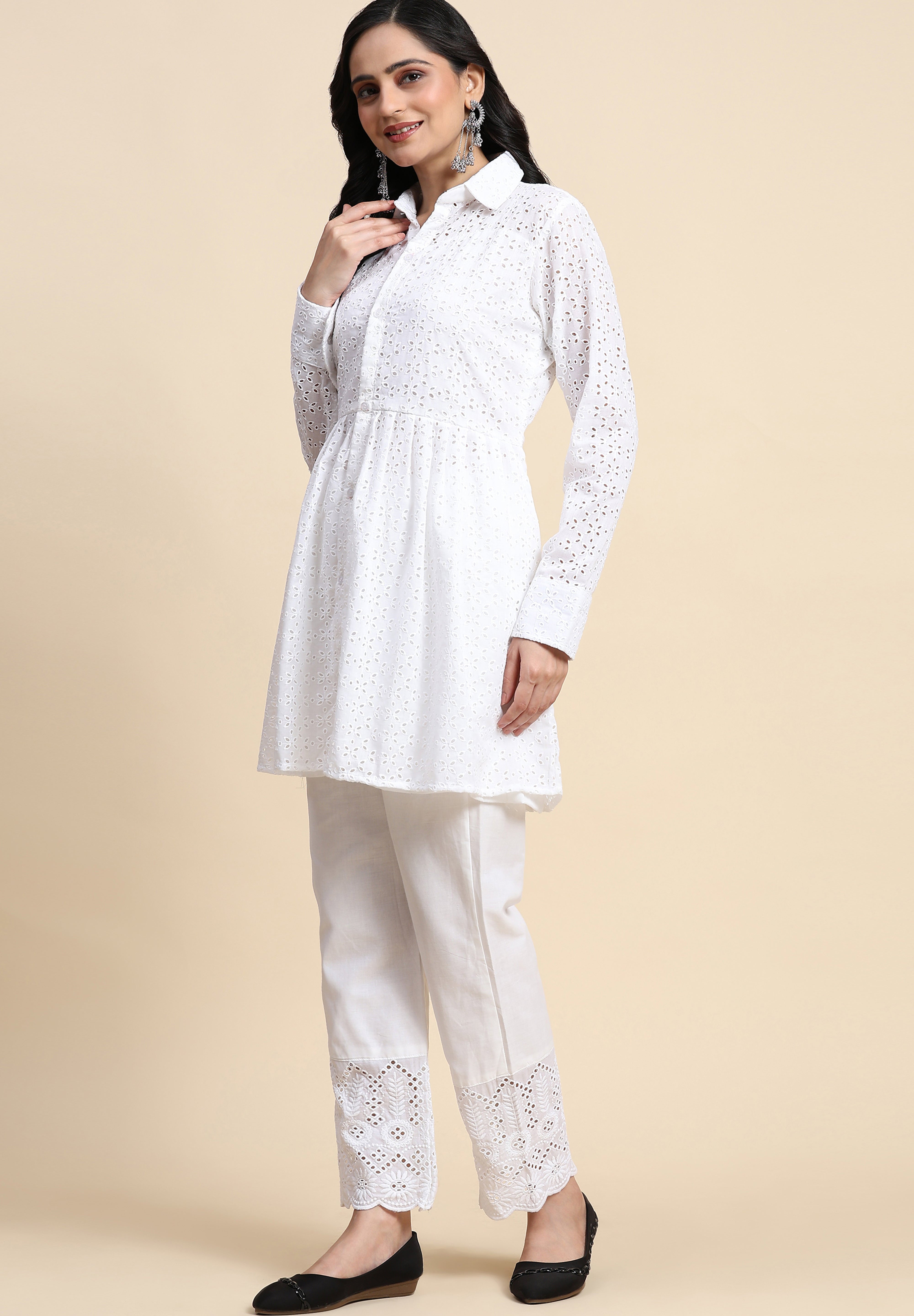 White Cotton Schiffli Co-Ords Set for Women Trendmallsin