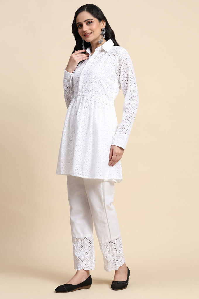 White Cotton Schiffli Co-Ords Set for Women Trendmallsin
