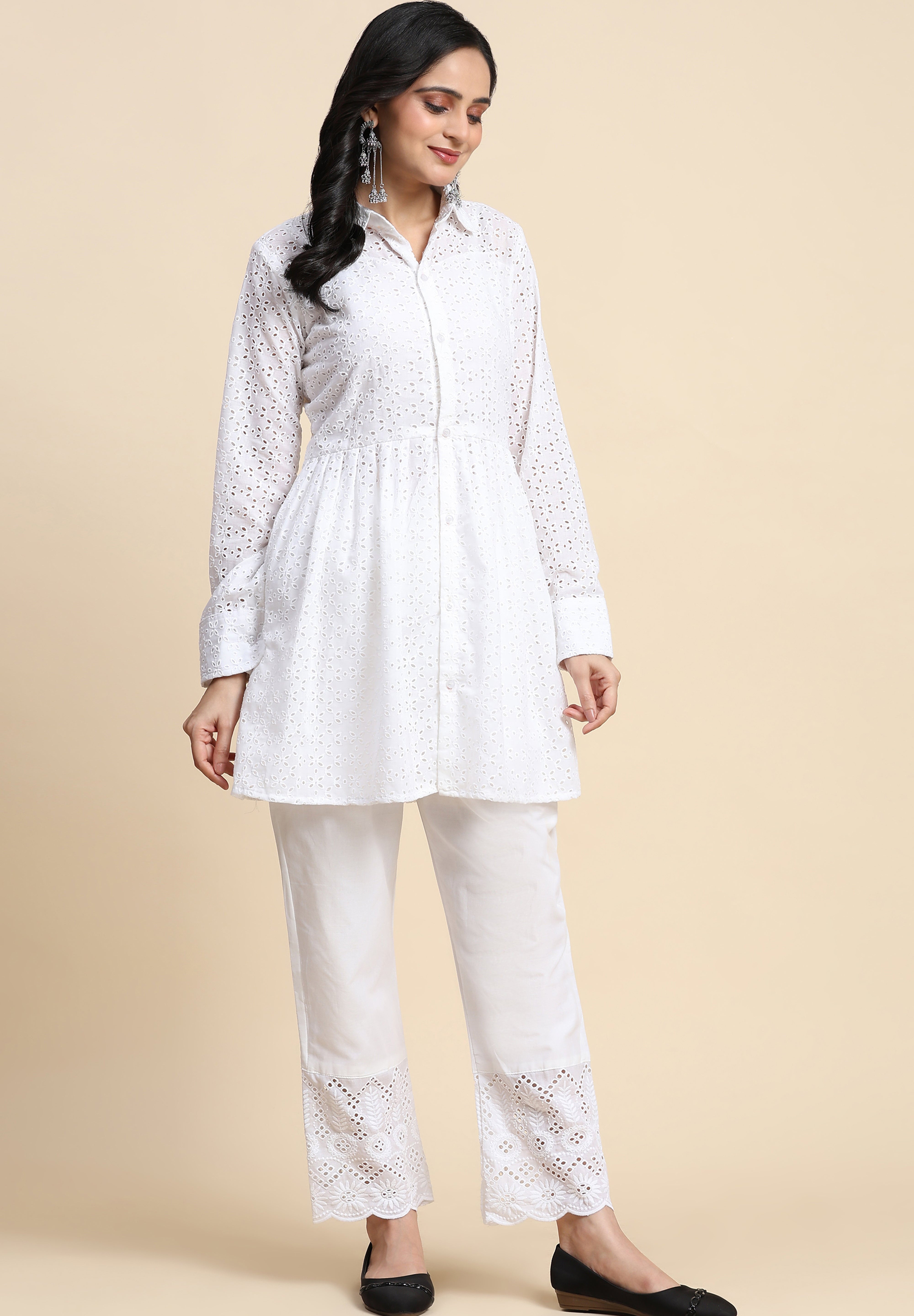 White Cotton Schiffli Co-Ords Set for Women Trendmallsin