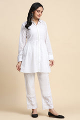 White Cotton Schiffli Co-Ords Set for Women Trendmallsin