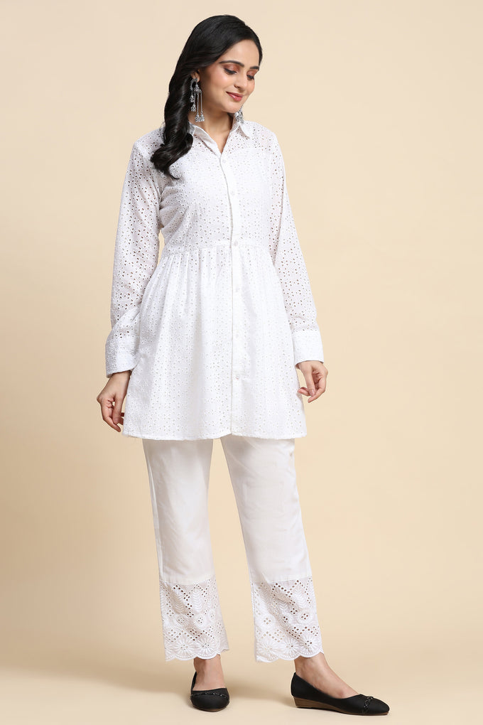 White Cotton Schiffli Co-Ords Set for Women Trendmallsin