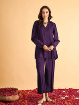 Purple Cotton Embroidery Work Long Sleeves Shirt with Trouser Co Ords Set for Women Trendmalls