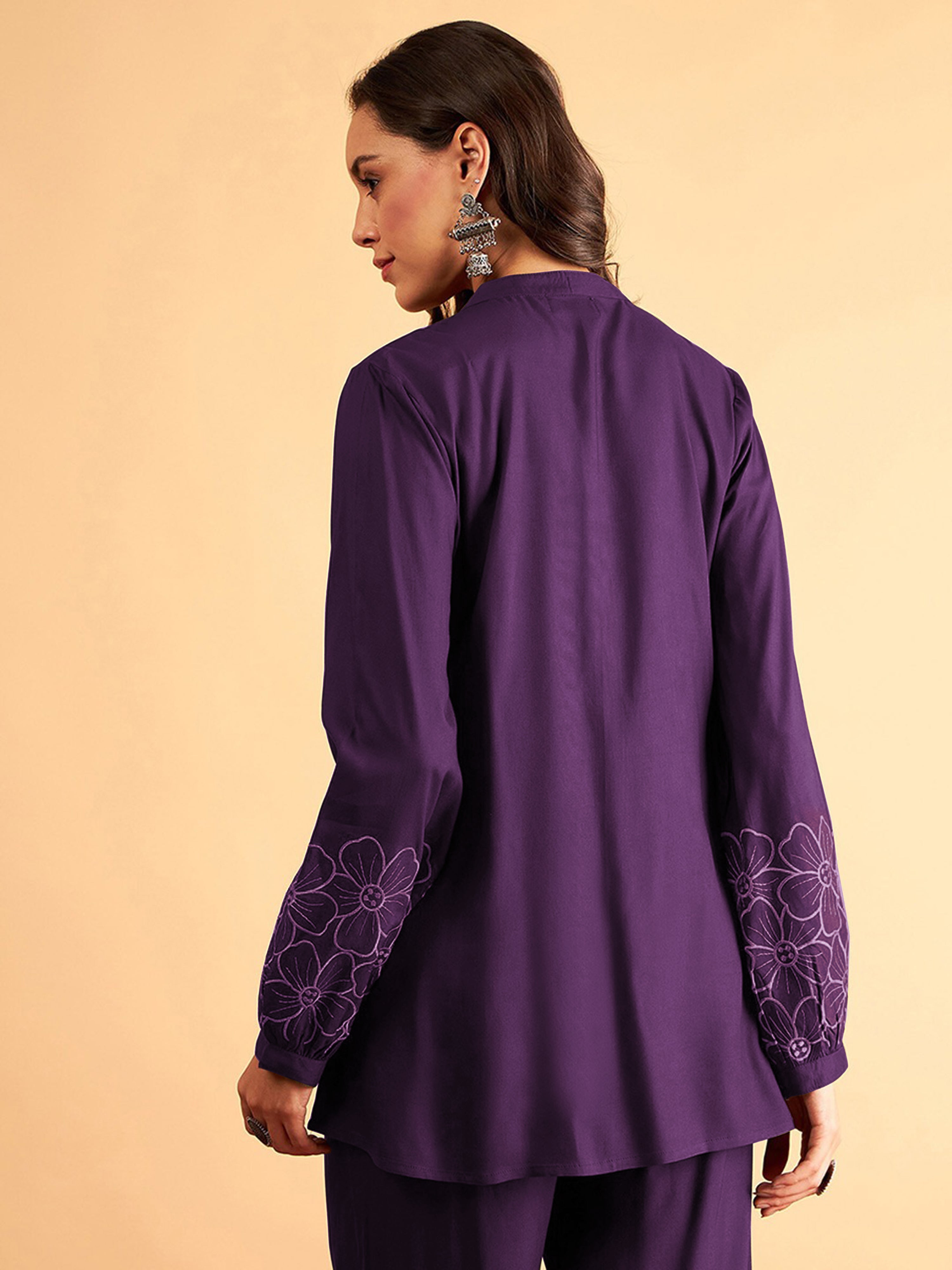 Purple Cotton Embroidery Work Long Sleeves Shirt with Trouser Co Ords Set for Women Trendmalls