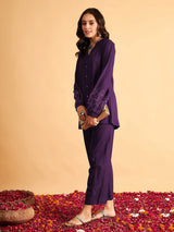 Purple Cotton Embroidery Work Long Sleeves Shirt with Trouser Co Ords Set for Women Trendmalls
