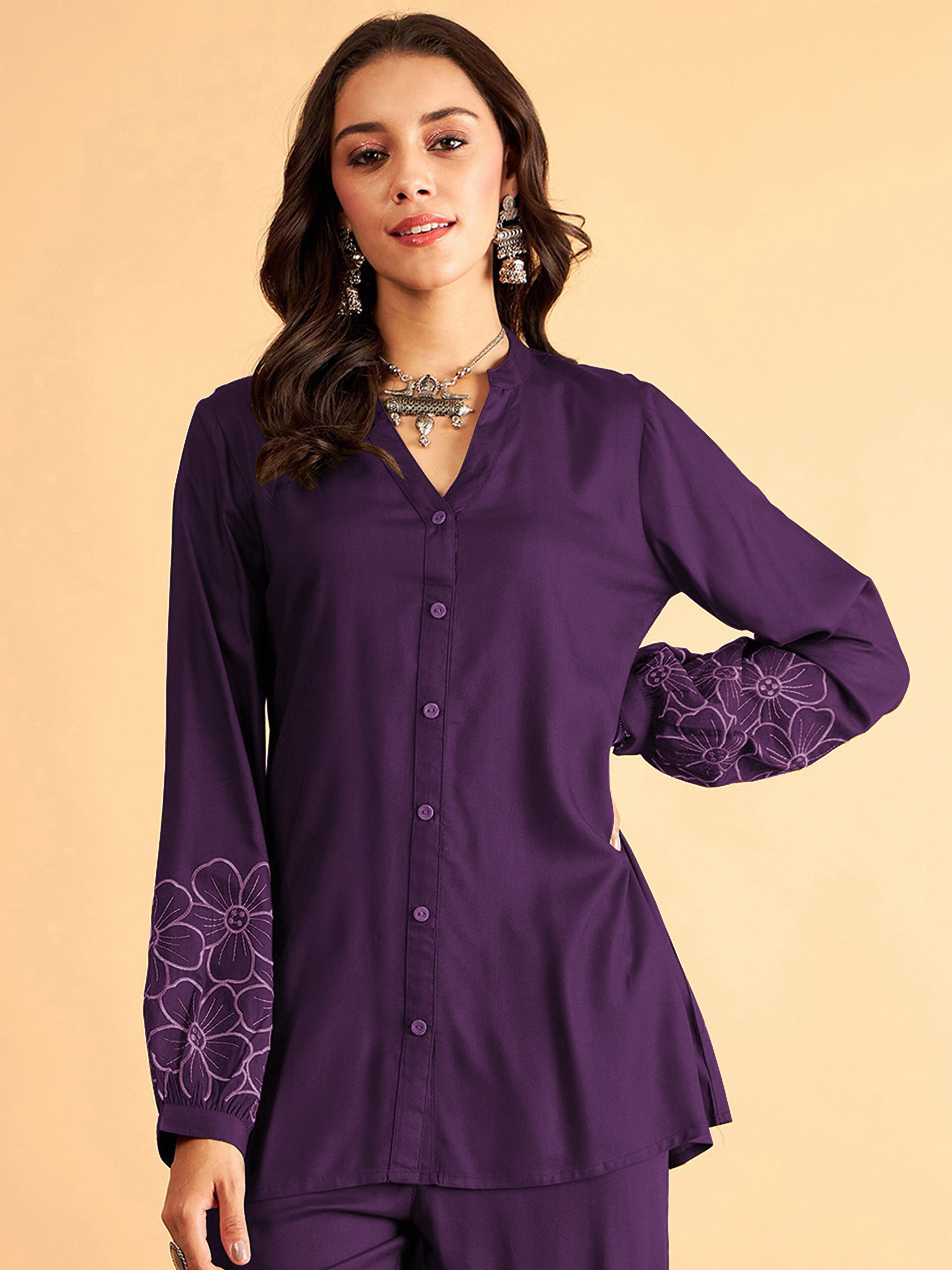 Purple Cotton Embroidery Work Long Sleeves Shirt with Trouser Co Ords Set for Women Trendmalls