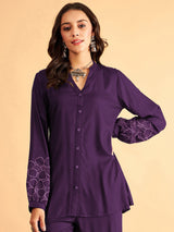 Purple Cotton Embroidery Work Long Sleeves Shirt with Trouser Co Ords Set for Women Trendmalls