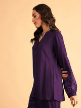 Purple Cotton Embroidery Work Long Sleeves Shirt with Trouser Co Ords Set for Women Trendmalls