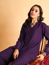 Purple Cotton Embroidery Work Long Sleeves Shirt with Trouser Co Ords Set for Women Trendmalls