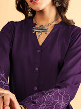 Purple Cotton Embroidery Work Long Sleeves Shirt with Trouser Co Ords Set for Women Trendmalls