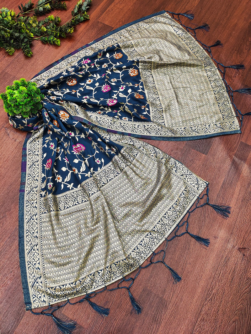 Teal Blue Jacquard Silk Ethnic Patola Floral Design Dupatta Ethnic Motif Pattern