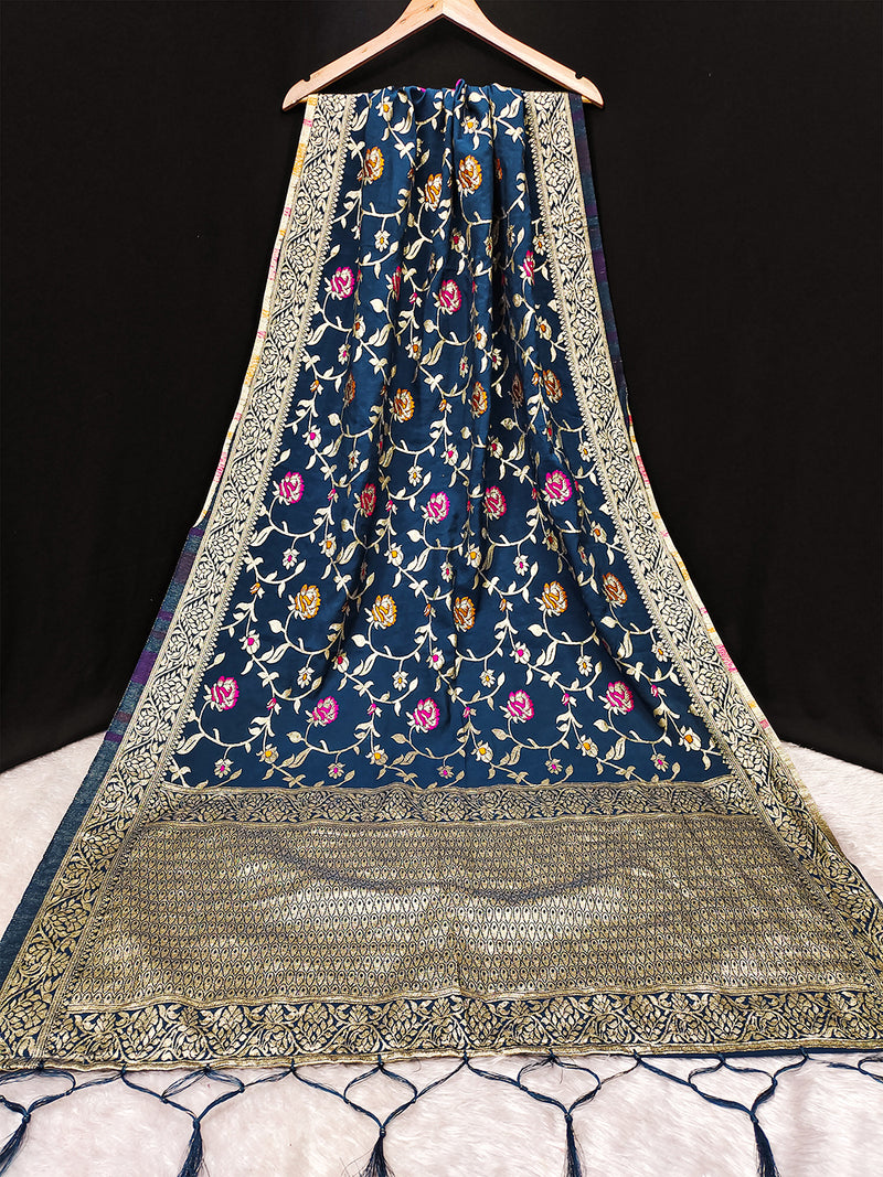 Teal Blue Jacquard Silk Ethnic Patola Floral Design Dupatta Ethnic Motif Pattern