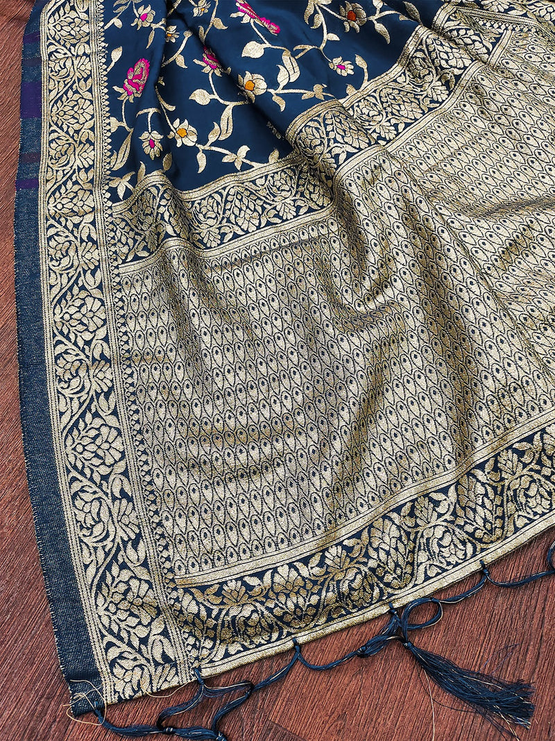 Teal Blue Jacquard Silk Ethnic Patola Floral Design Dupatta Ethnic Motif Pattern