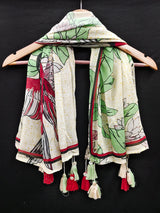 Beige Georgette Floral Design Scarf with Tassle