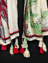 Beige Georgette Floral Design Scarf with Tassle