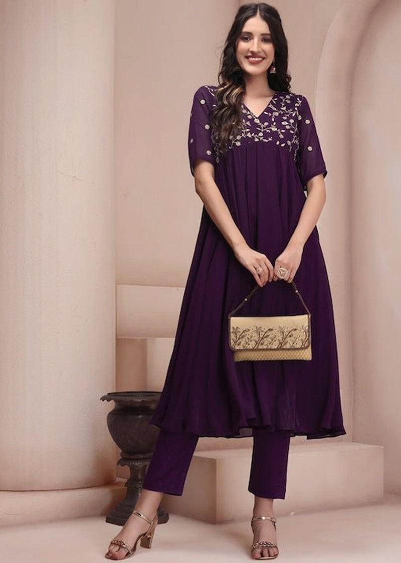 Georgette Embroidery Anarkali Kurta Set for Women (Purple) Trendmallsin