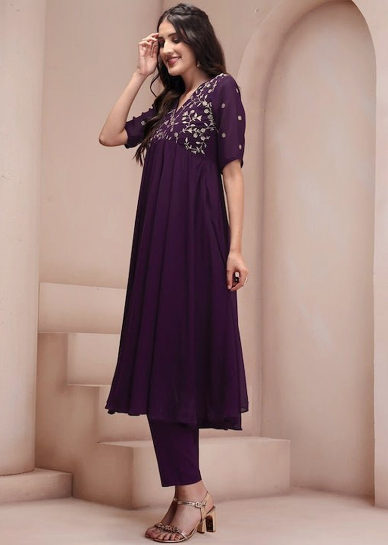 Georgette Embroidery Anarkali Kurta Set for Women (Purple) Trendmallsin