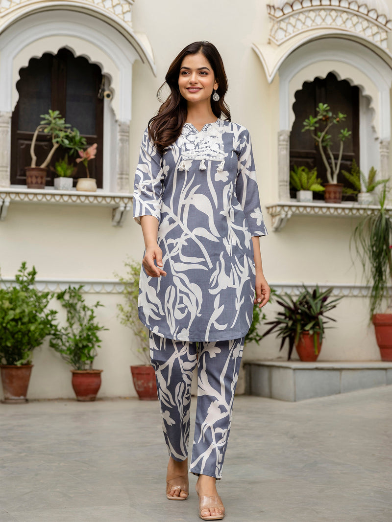 Women's Grey Slub Magic Cotton Digital Print Kurta Palazzo Set Trendmallsin