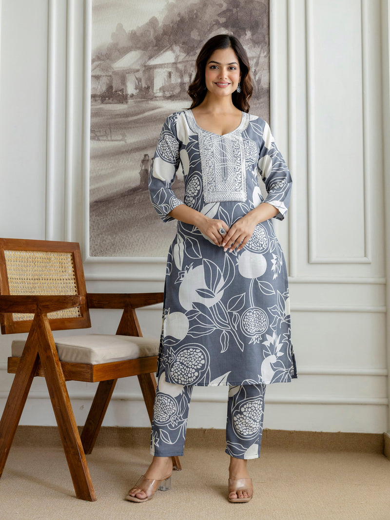 Grey Slub Magic Cotton Digital Print Kurta Palazzo Set For Woman's Trendmalls