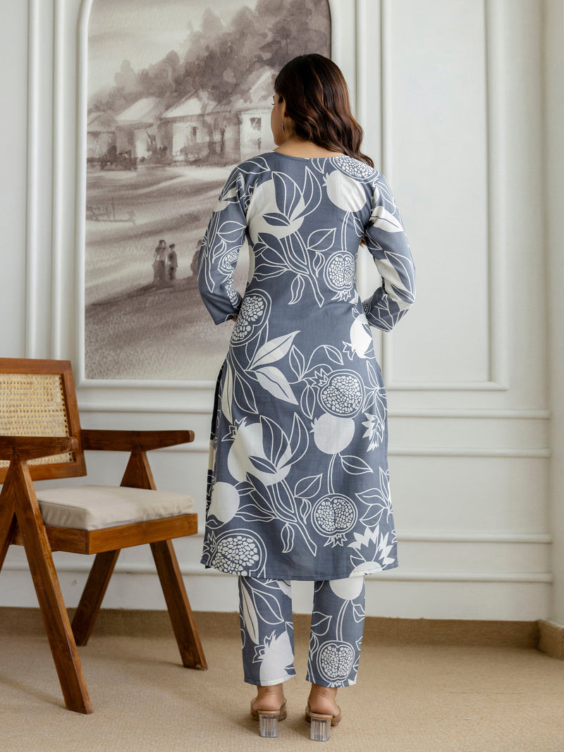 Grey Slub Magic Cotton Digital Print Kurta Palazzo Set For Woman's Trendmalls