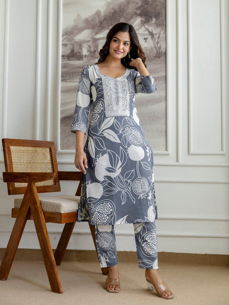 Grey Slub Magic Cotton Digital Print Kurta Palazzo Set For Woman's Trendmalls