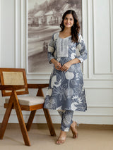 Grey Slub Magic Cotton Digital Print Kurta Palazzo Set For Woman's Trendmalls