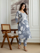 Grey Slub Magic Cotton Digital Print Kurta Palazzo Set For Woman's Trendmalls