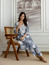 Grey Slub Magic Cotton Digital Print Kurta Palazzo Set For Woman's Trendmalls