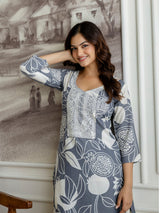 Grey Slub Magic Cotton Digital Print Kurta Palazzo Set For Woman's Trendmalls