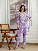 Lightpurple Slub Magic Cotton Digital Print Kurta Palazzo Set For Woman's Trendmalls