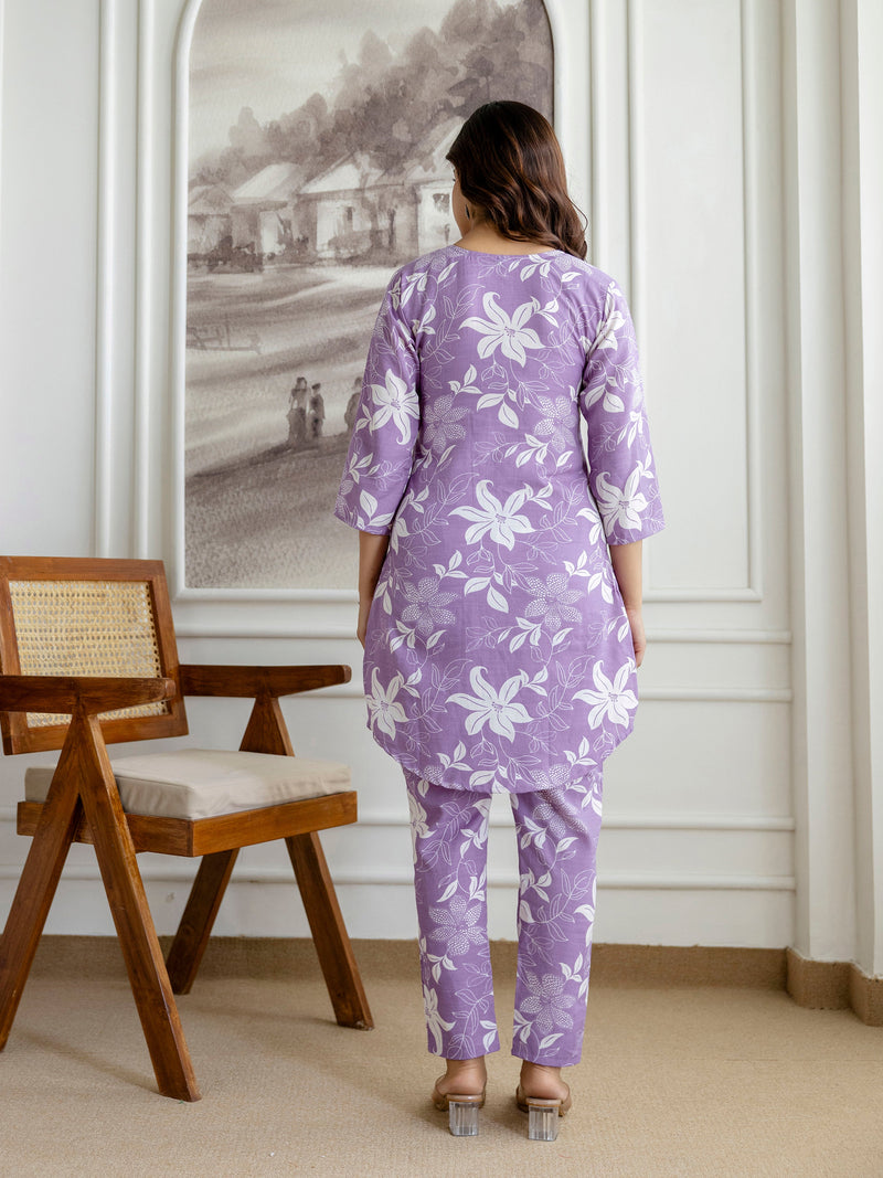 Lightpurple Slub Magic Cotton Digital Print Kurta Palazzo Set For Woman's Trendmalls