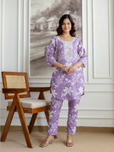 Lightpurple Slub Magic Cotton Digital Print Kurta Palazzo Set For Woman's Trendmalls