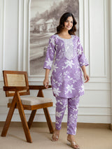 Lightpurple Slub Magic Cotton Digital Print Kurta Palazzo Set For Woman's Trendmalls