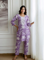 Lightpurple Slub Magic Cotton Digital Print Kurta Palazzo Set For Woman's Trendmalls