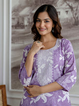 Lightpurple Slub Magic Cotton Digital Print Kurta Palazzo Set For Woman's Trendmalls