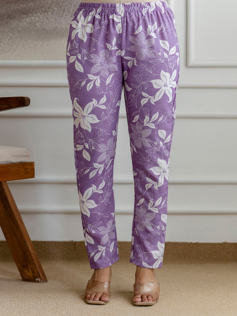 Lightpurple Slub Magic Cotton Digital Print Kurta Palazzo Set For Woman's Trendmalls